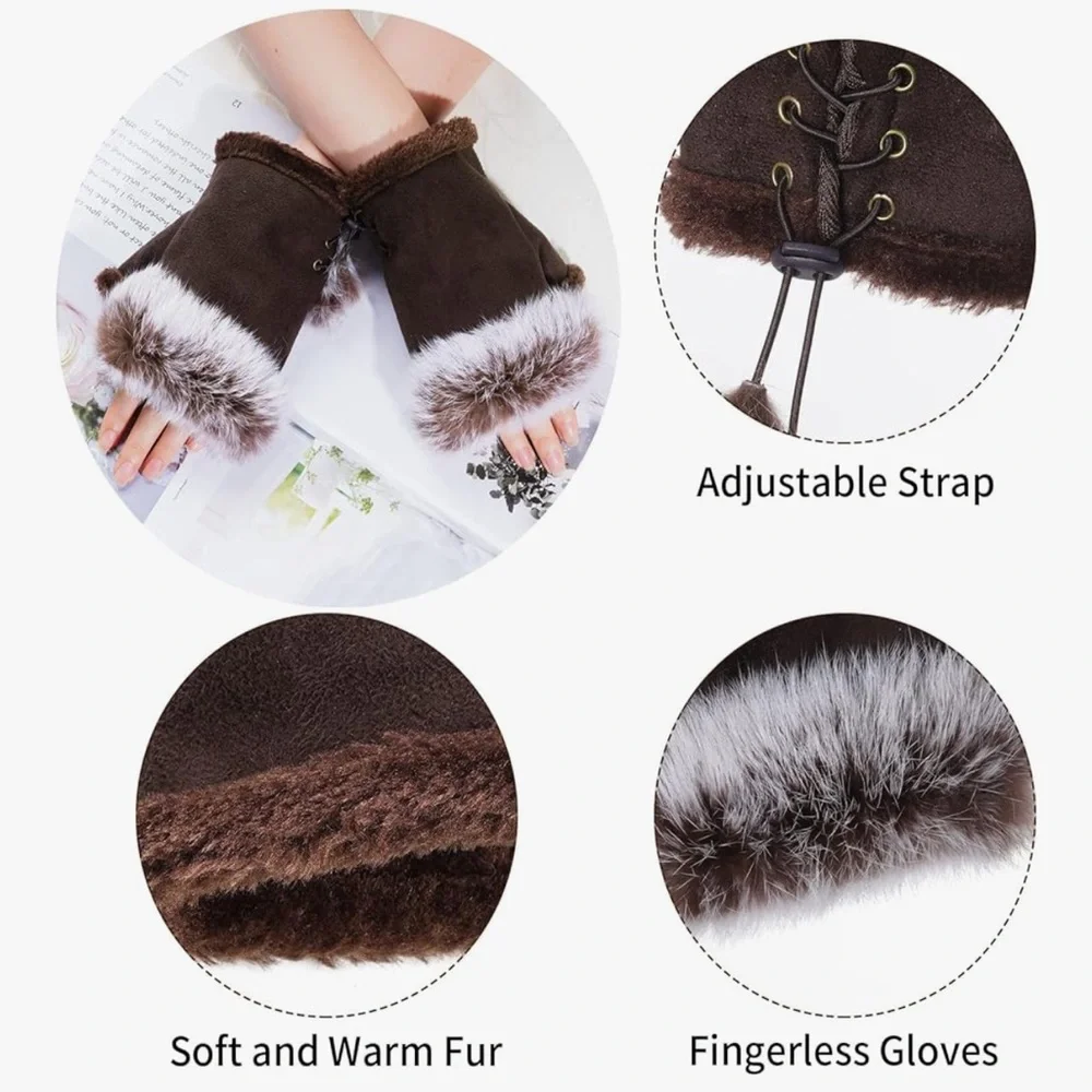 🆕 Women Faux Fur Fingerless Gloves Winter Warm Fuzzy Half Finger Mittens Womens